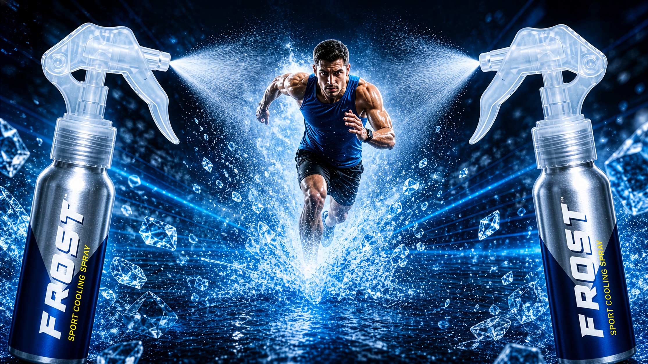 Runner with FROST cooling spray in ice and mountain setting