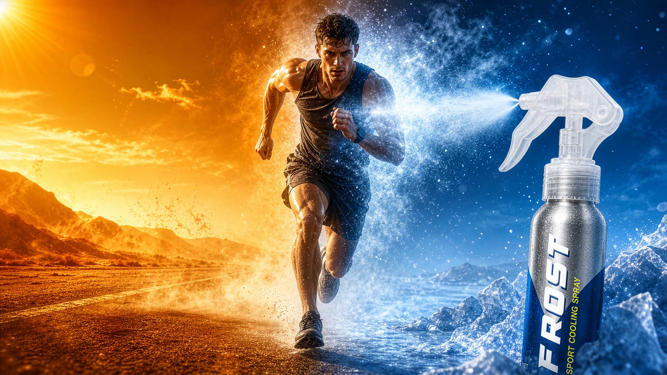 FROST cooling spray bottles spraying mist toward a runner
